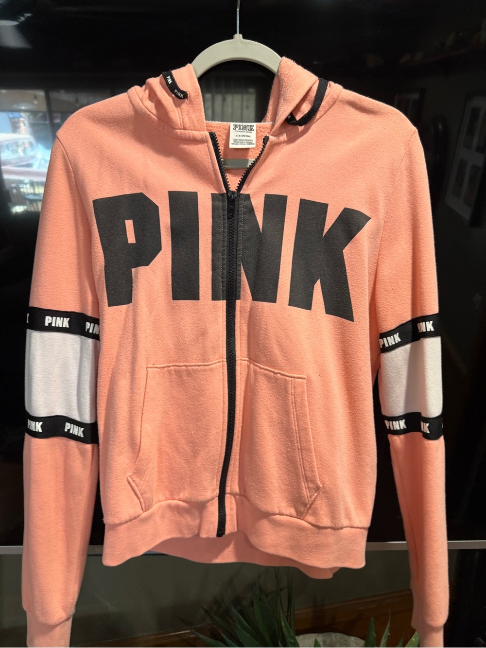 PINK Victoria's Secret Coral Zip-Up Hoodie with Black Accents